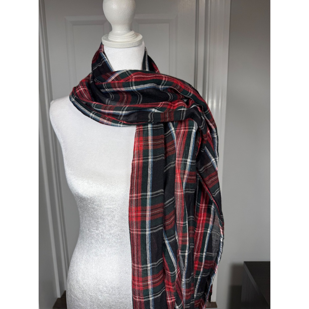 Lauren Ralph Lauren Red Black Plaid Wool Blend Fringe Scarf Tartan Wrap